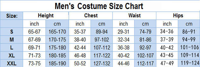 taille cosplay.Costumes hommes chart