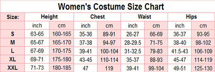 taille chart de femmes cosplay