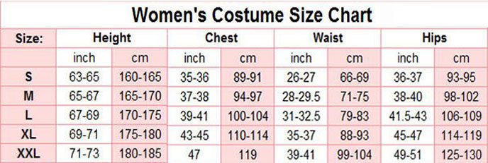 Taille du chart des femmes cosplay